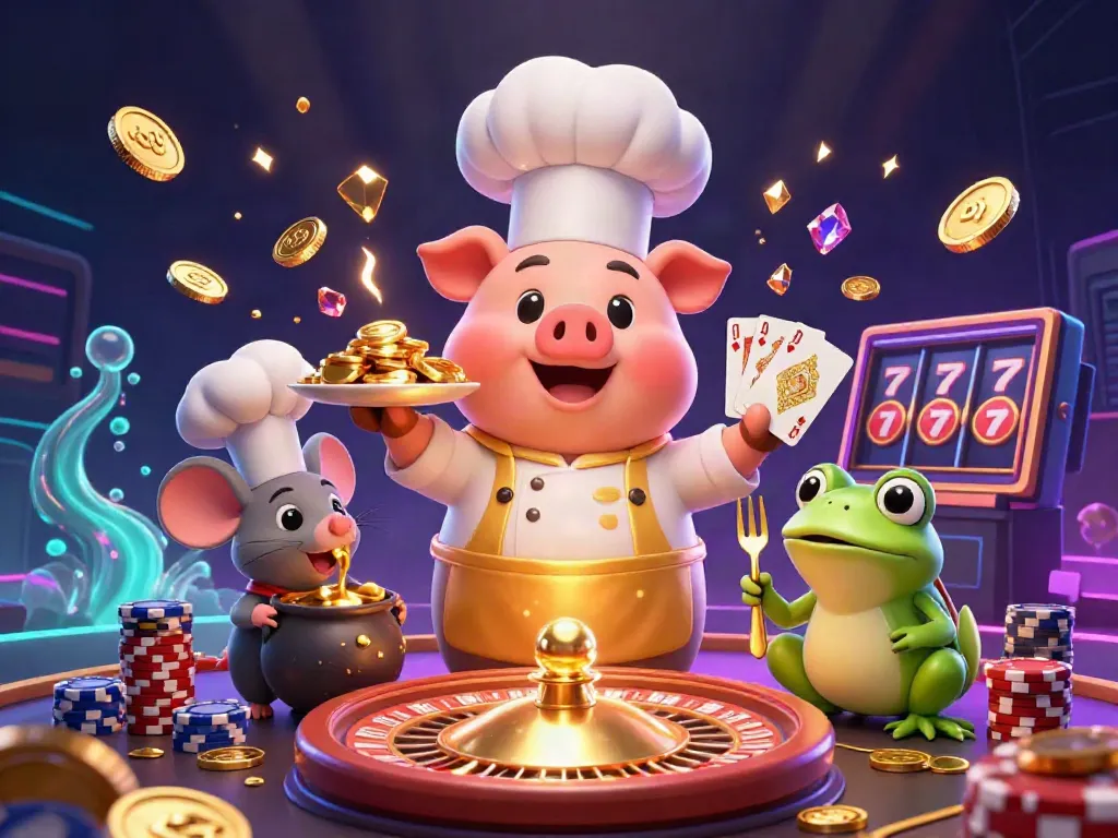 Winning large at Top Nhà Cái Uy Tín with a chef pig, tasting mouse, and critic frog, surrounded by casino elements.