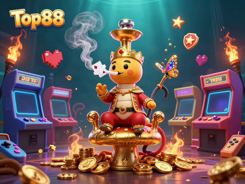 Engage with Top88's dynamic gaming world featuring vibrant characters and vivid casino elements.