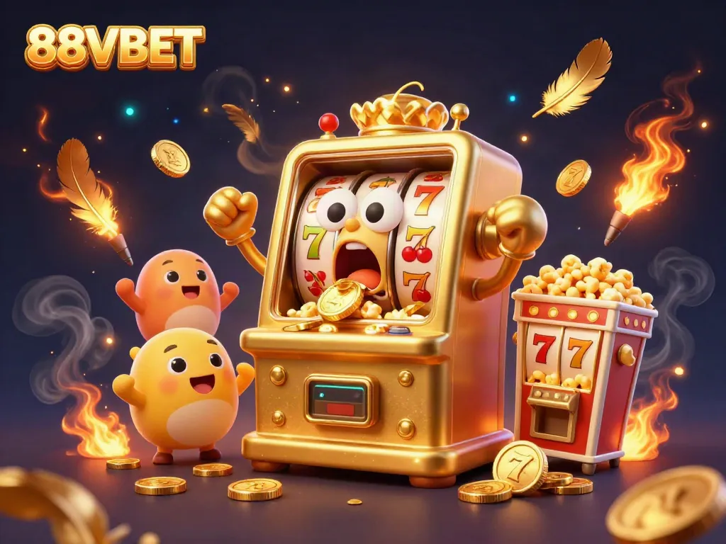 Experience excitement with the 88VBET golden slot machine hitting a jackpot in this vibrant casino scene.