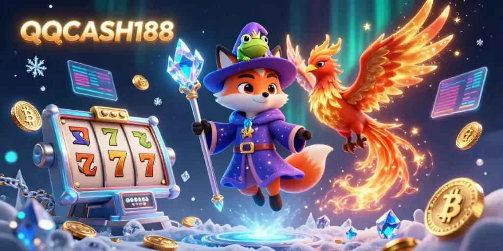 Engage with QQCASH188 in a vibrant casino adventure featuring slot reels and enchanting characters.