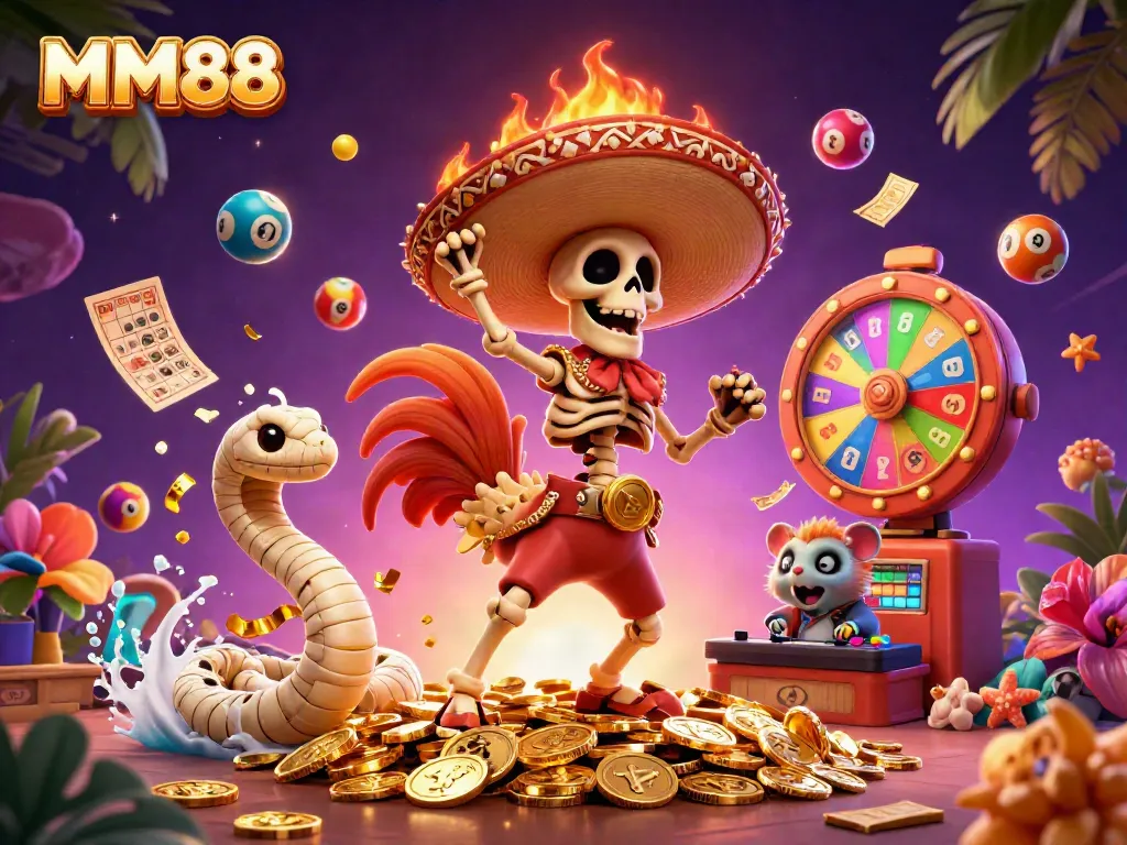 Engage with the vibrant MM88 casino world featuring dancing skeletons and lottery elements.