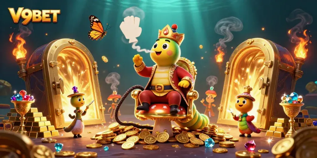 Engage in thrilling gambling adventures with V9BET as the caterpillar master illustrates winning poker hands.