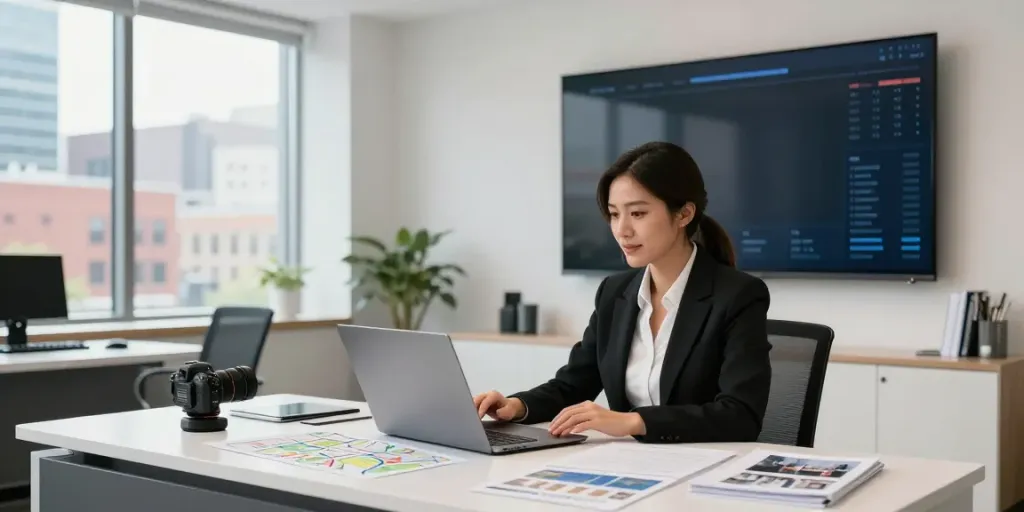 Dynamic scene of real estate link building in a modern office with realtor and client interaction.