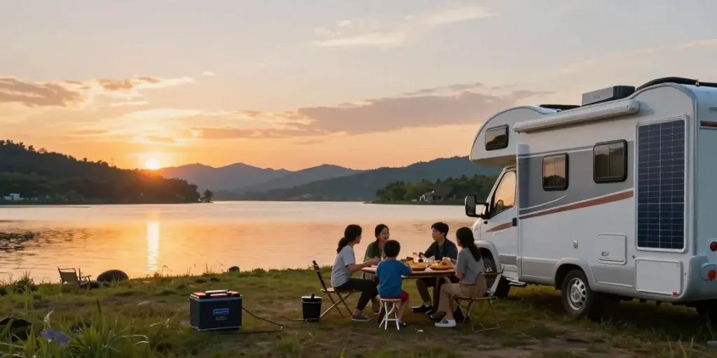 Family enjoying off-grid camping with rv lithium battery setup by serene lake