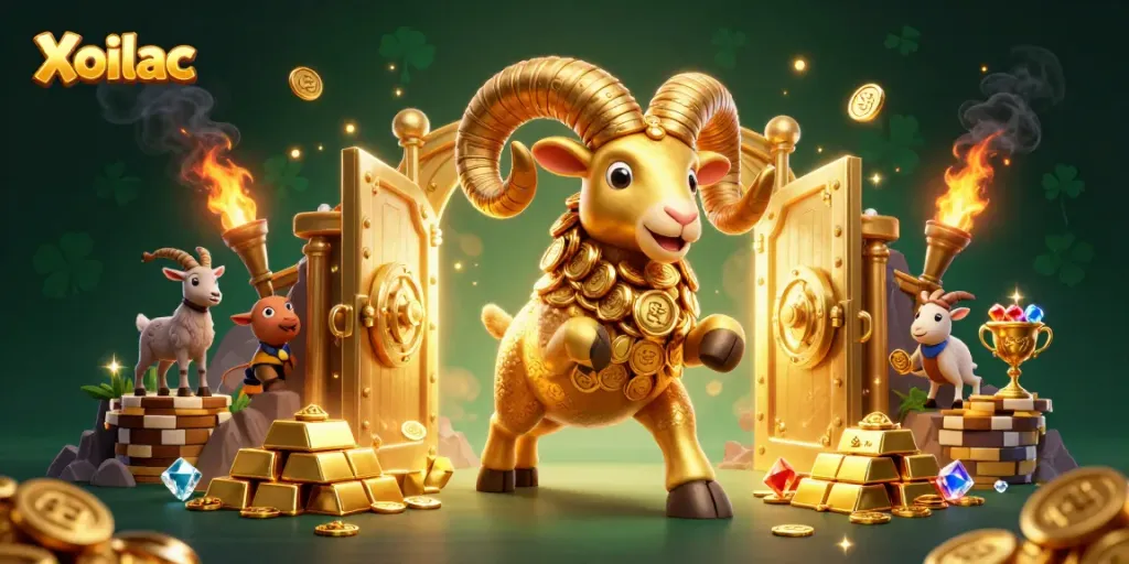 Xoilac showcases a victorious golden ram charging through treasures at a vibrant online casino.