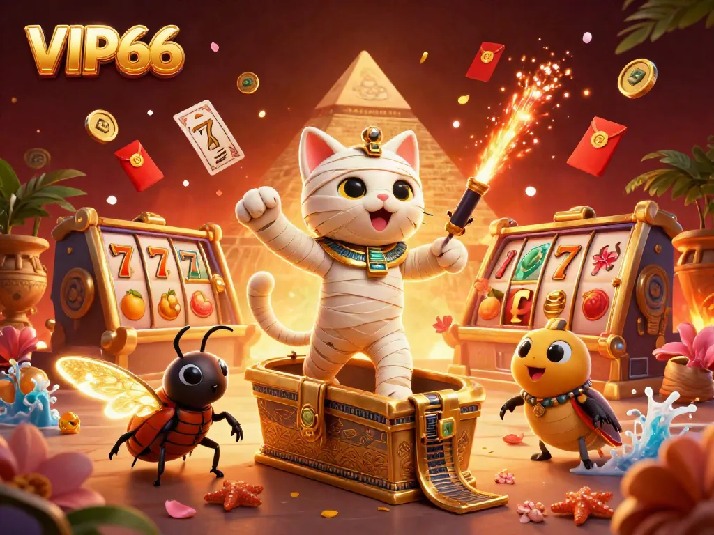 Experience vibrant action at VIP66 as a mummy cat emerges in a grand casino amid spinning slot reels.