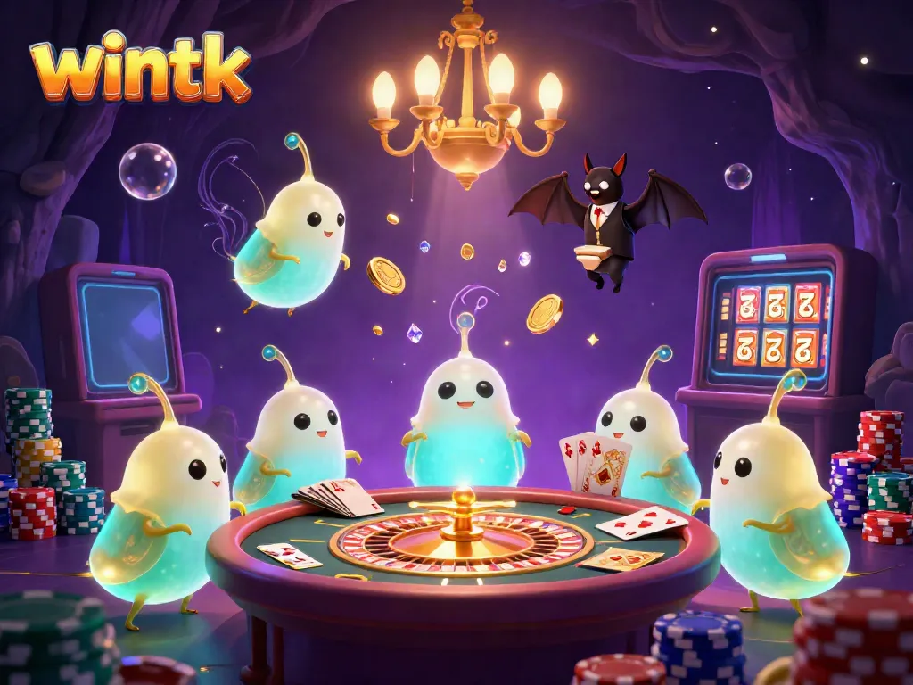 Engage with an electrifying Wintk casino scene showcasing vibrant glowworms and a bat dealer.