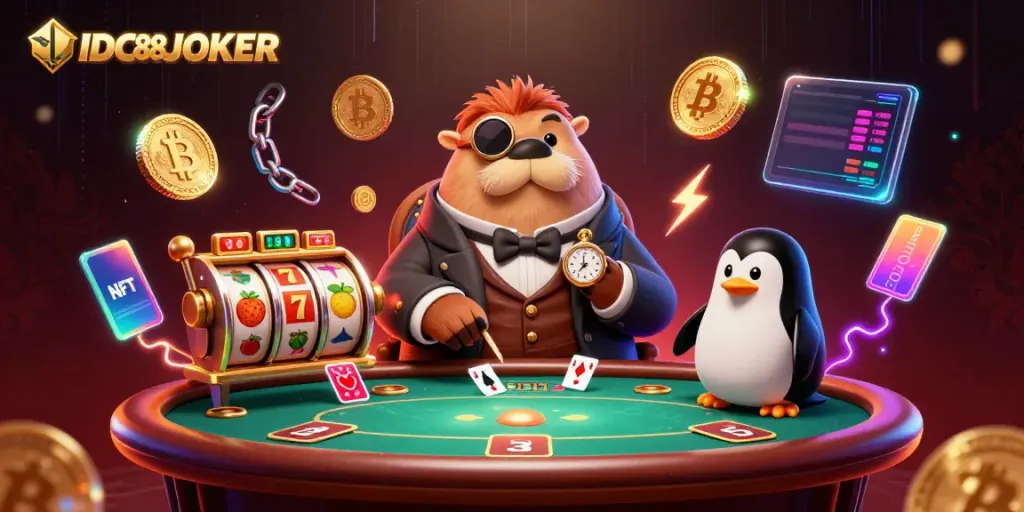 Experience a vibrant online casino atmosphere with IDC88JOKER alongside a fun underwater poker game.