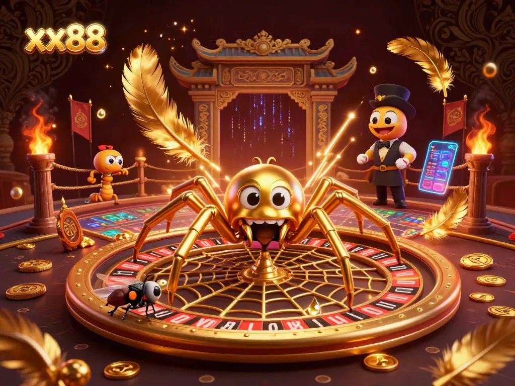 Engage in thrilling bets at xx88 with a golden spider roulette scene featuring vibrant gambling elements.