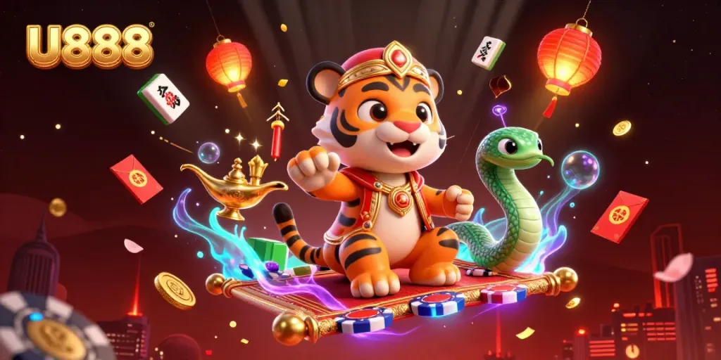 Experience the exhilarating world of U888 with a vibrant, detailed scene showcasing a tiger sultan on a flying carpet amidst magical gaming elements.