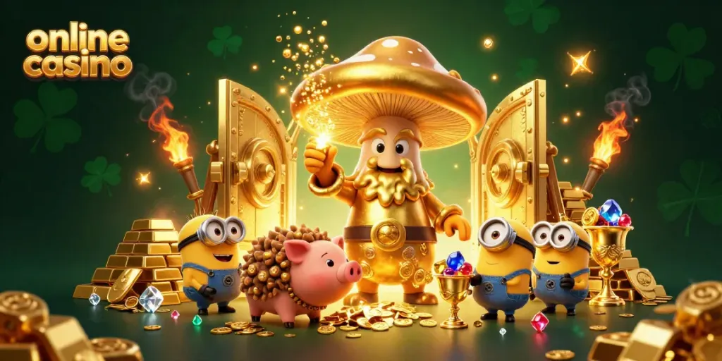 Engage in an online casino adventure featuring a golden mushroom wizard and treasure-mining truffle pig amidst a vibrant scene of gold and gems.