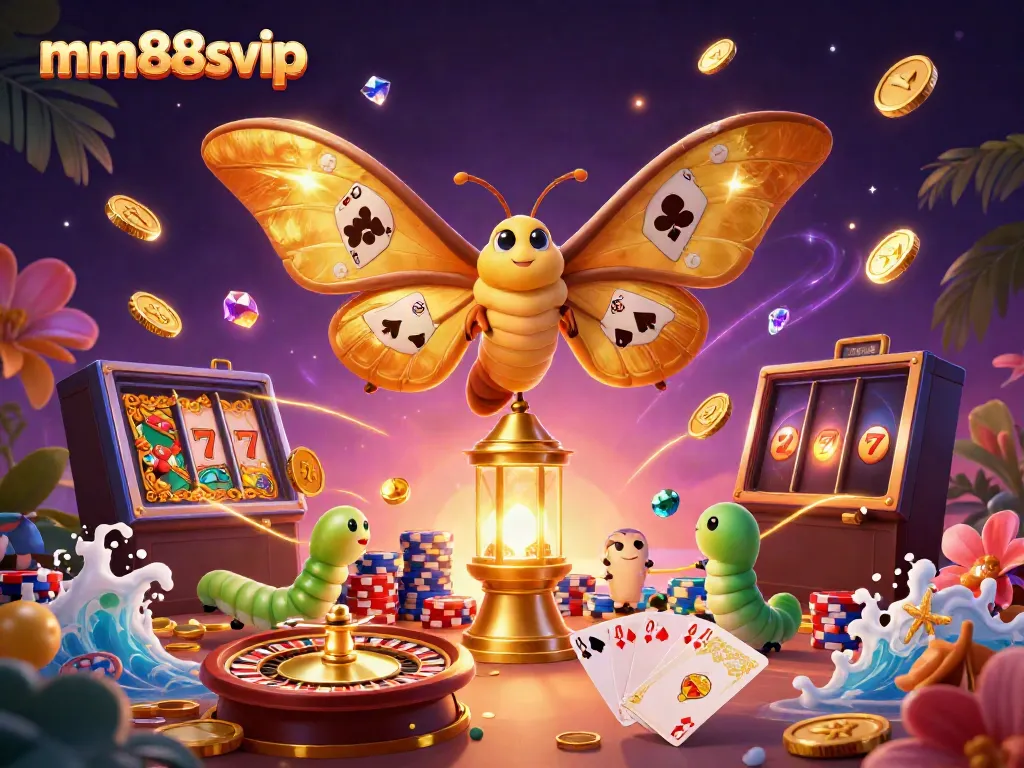 Experience winning at mm88svip with an enchanting visual of a golden atlas moth and dynamic casino elements.