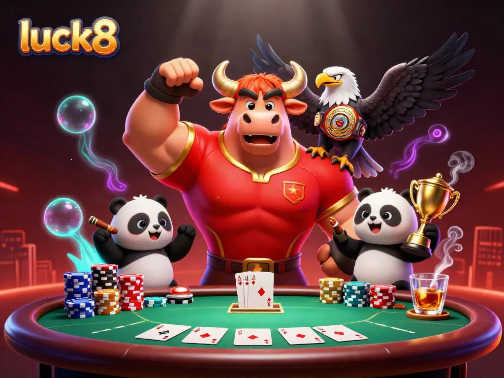 Experience the excitement of luck8 with a dynamic 3D casino scene featuring winning players and impressive poker details.