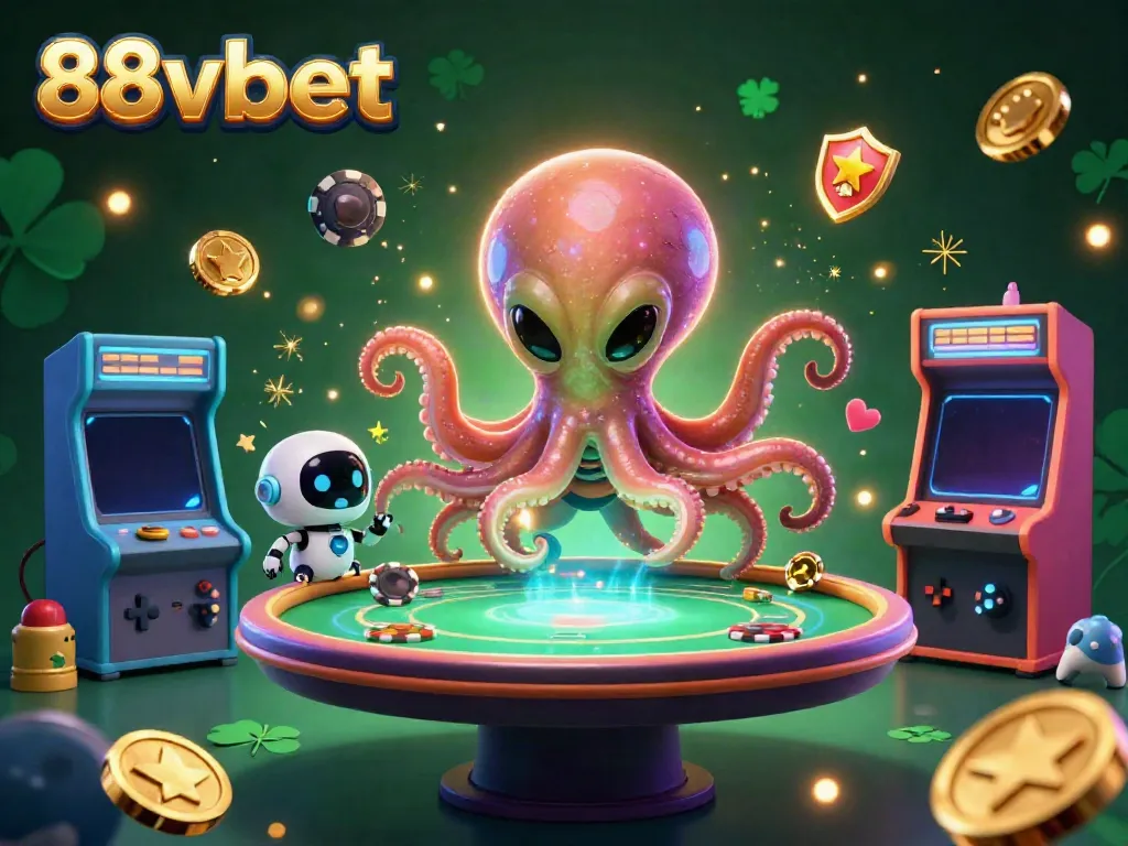 Engage with 88vbet's vibrant gaming universe featuring an alien octopus and exciting poker action.