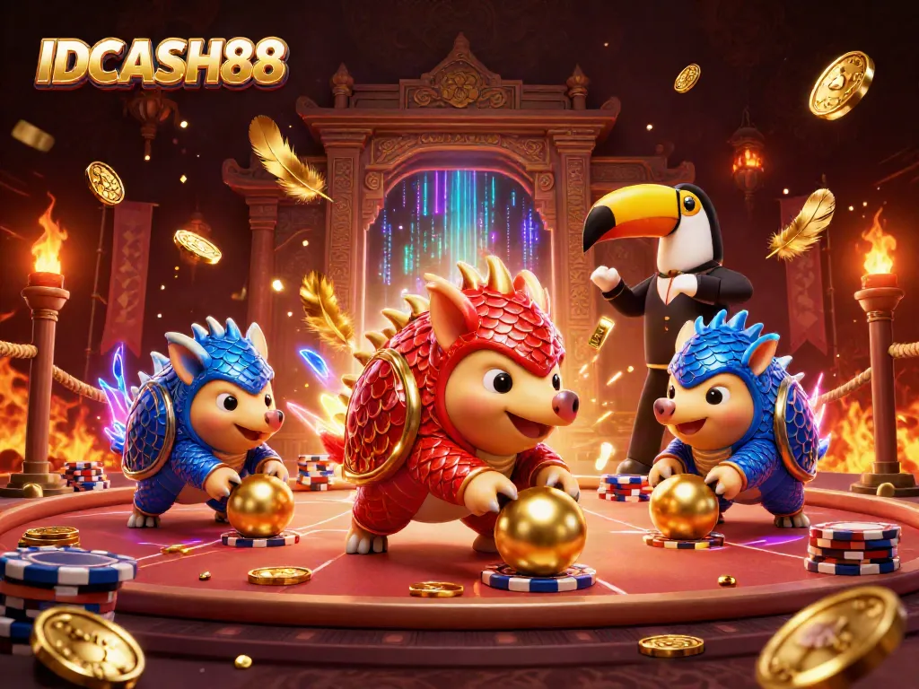Experience thrilling gameplay on IDCASH88 with dynamic pangolin characters amidst casino excitement and golden details.