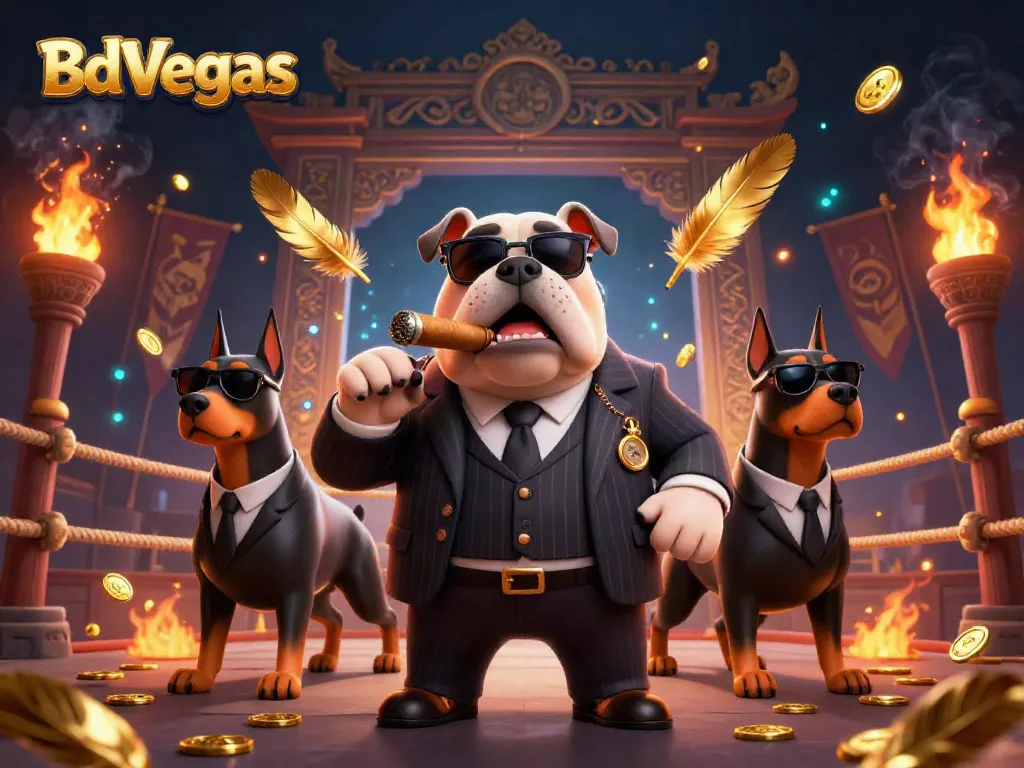 Experience the excitement of BdVegas with a vibrant 3D illustration featuring a cartoon bulldog and Doberman bodyguards amidst dynamic casino elements.