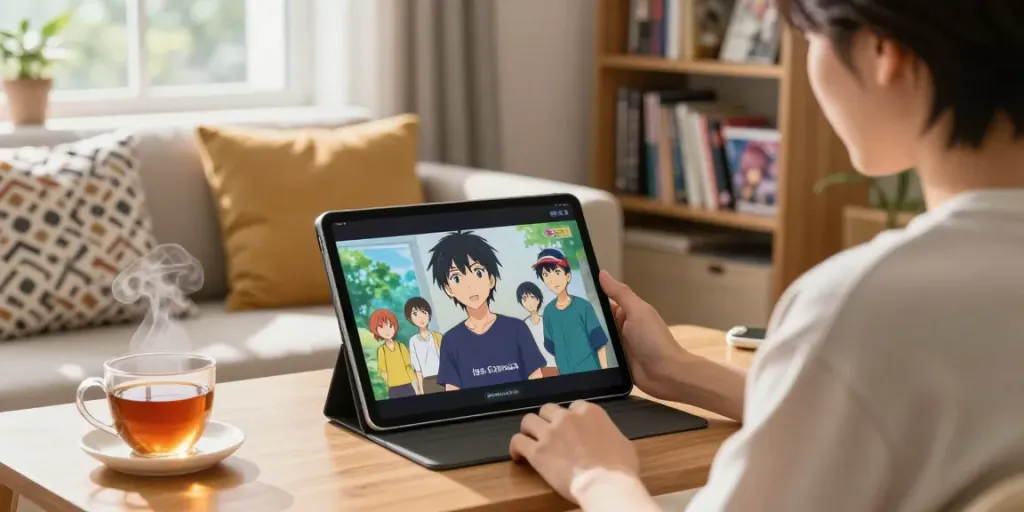 Une personne utilisant Senpai Stream IOS sur un iPad dans un salon confortable, avec une atmosphère chaleureuse.