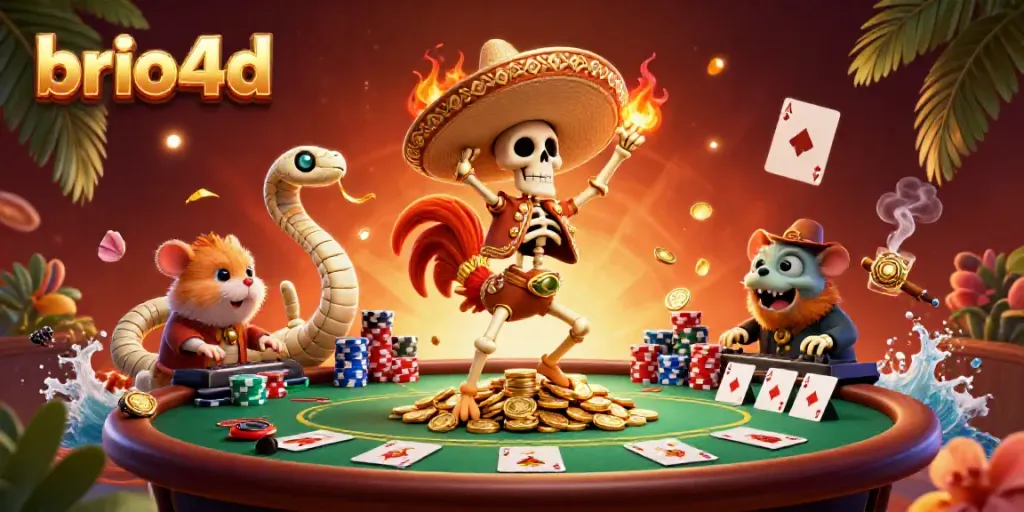 Engage with brio4d's vibrant gaming atmosphere featuring a lively mariachi rooster and poker elements.