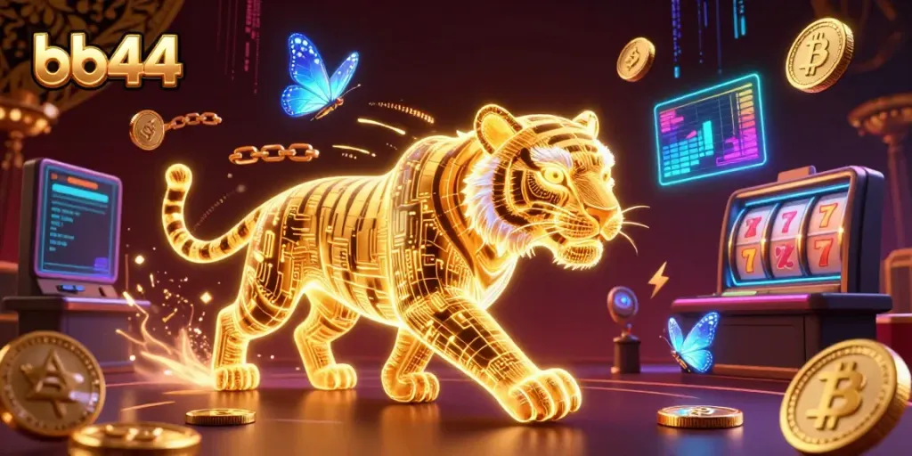 Experience excitement in the bb44 digital casino with mesmerizing neon elements and crypto motifs.