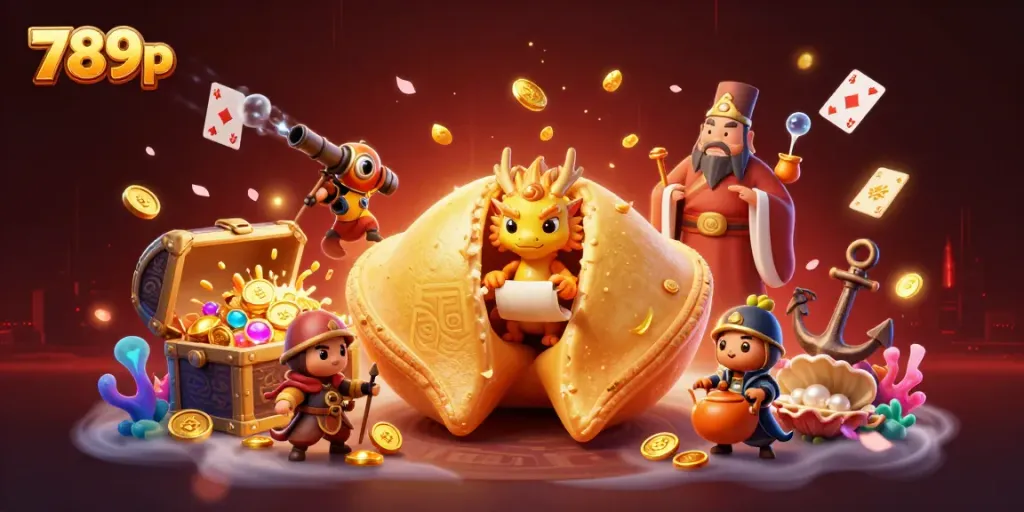 Engage in casino excitement with a dynamic 3D illustration featuring 789p characters and gambling treasures.