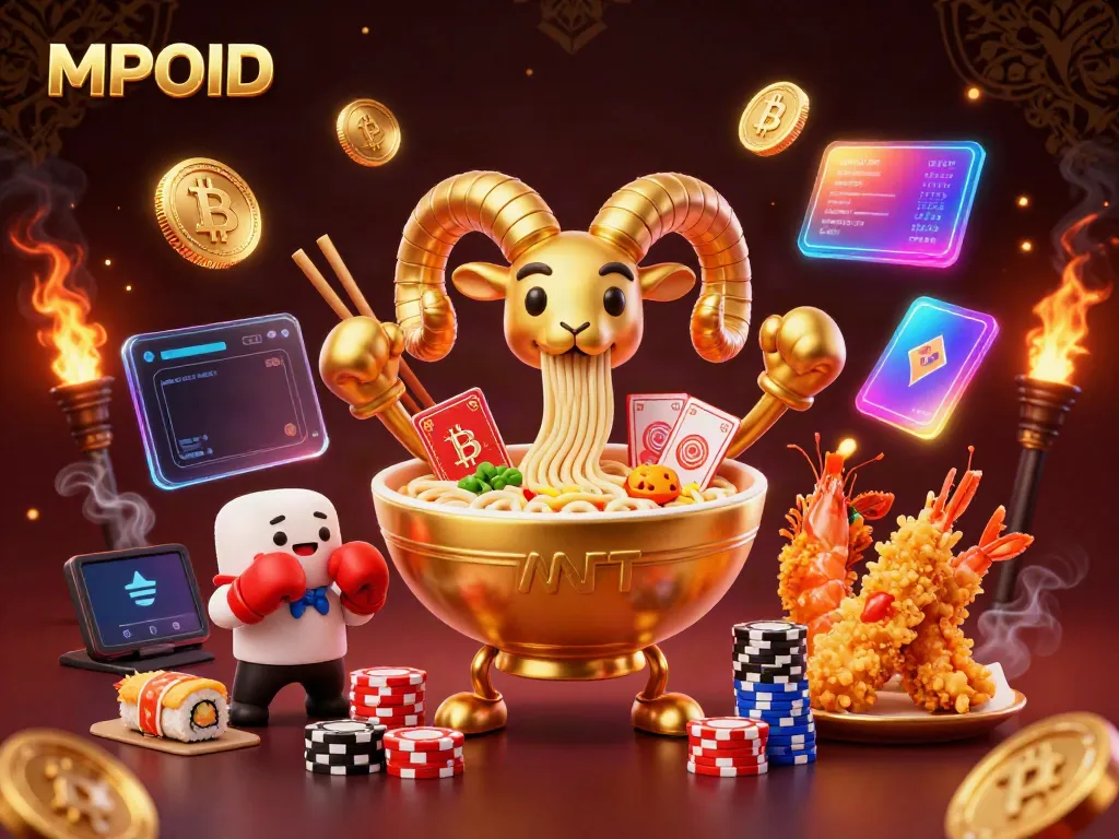 MPOID showcases a vibrant cartoon casino scene with a ramen bowl dealer and crypto elements.
