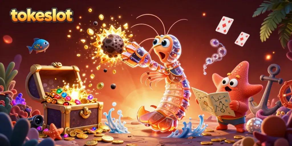 Tokeslot menghadirkan ilustrasi slot fantastis dengan karakter menarik, gem dan koin terbang.