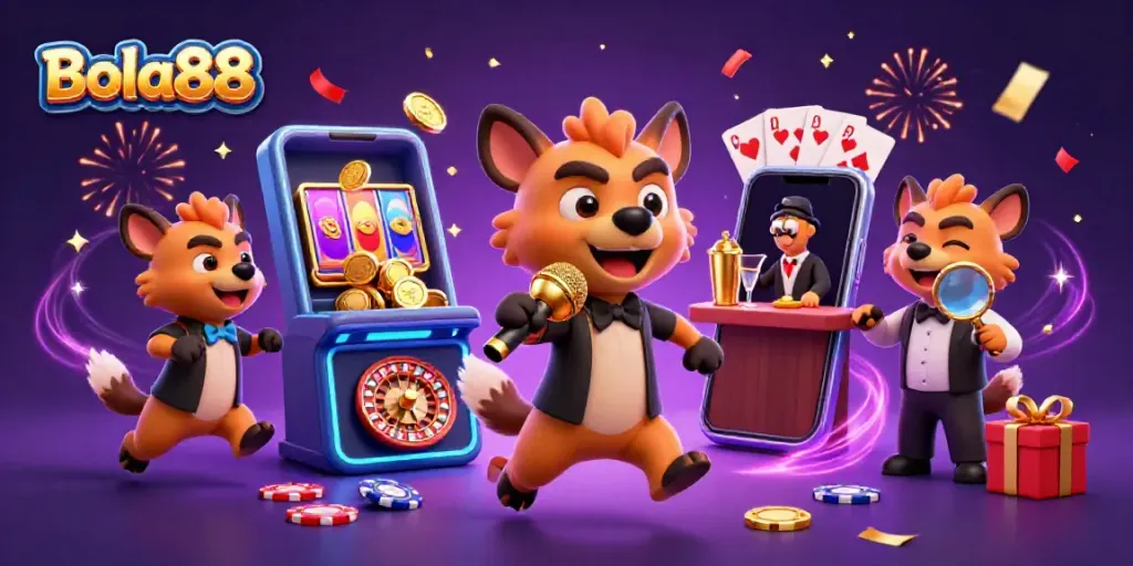 Bola88 pack of hyenas in a colorful casino club, with energetic characters and dynamic game elements.