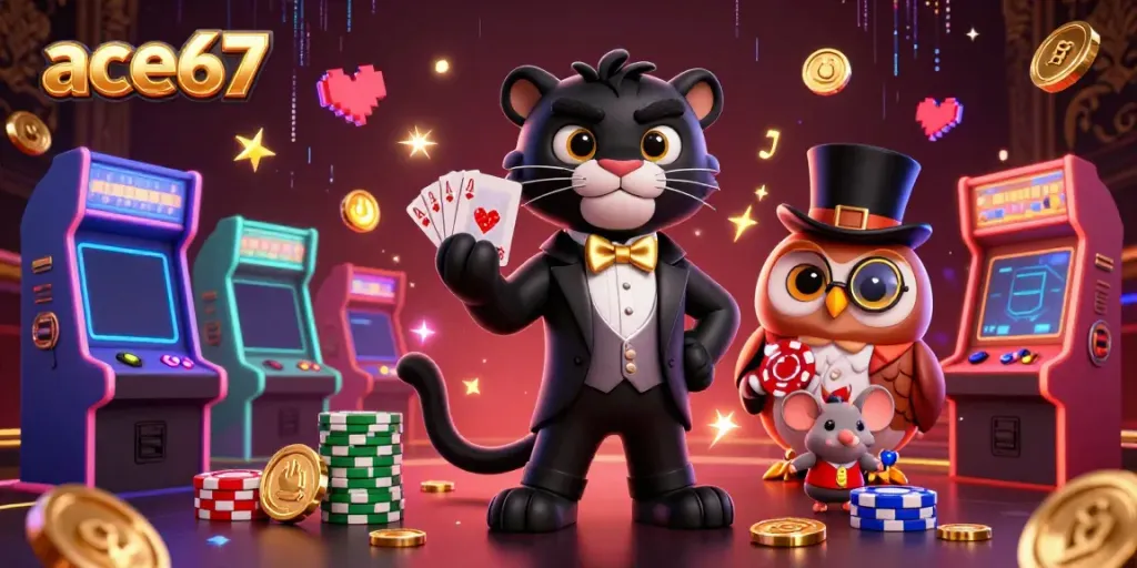 Experience thrilling gaming action at ace67 with our vibrant casino scene and characters.