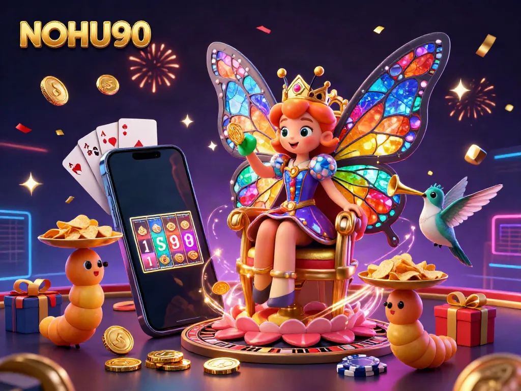 Engage with vibrant NOHU90 casino adventure featuring a dazzling butterfly queen, slot games, and chips.
