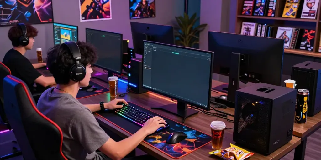 Engaging gaming scene showcasing pesgslot gameplay, with colorful LED lights and gaming peripherals.