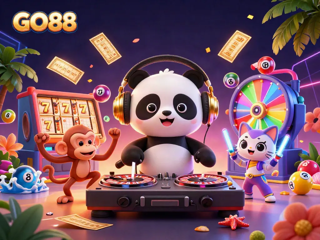 Spin the reels with GO88 in a vibrant 3D scene featuring a DJ panda and playful characters.
