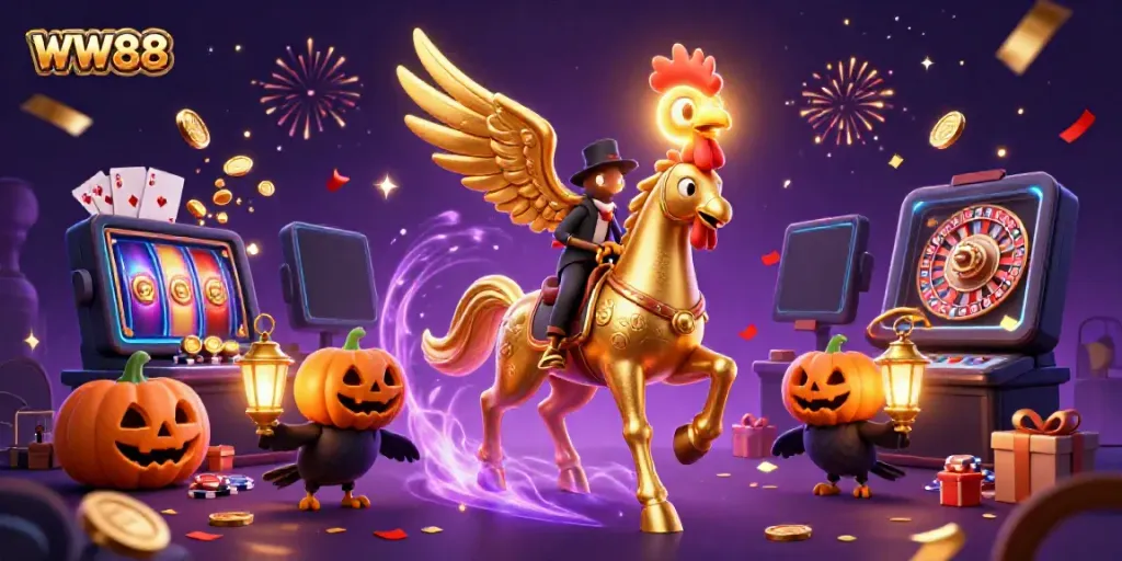 Experience the magic of WW88 with vibrant casino symbols, gold coins, and enchanting characters in a stunning 3D environment.