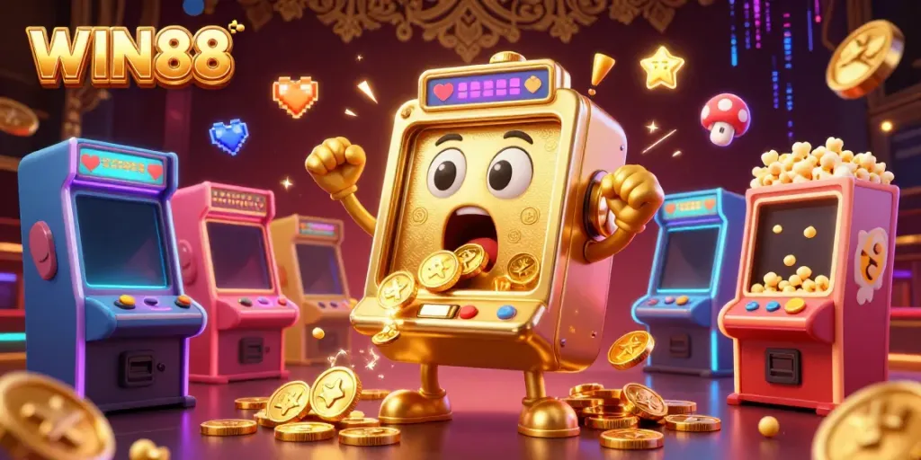 Experience the excitement of WIN88 with a lively 3D cartoon slot machine celebrating its jackpot.