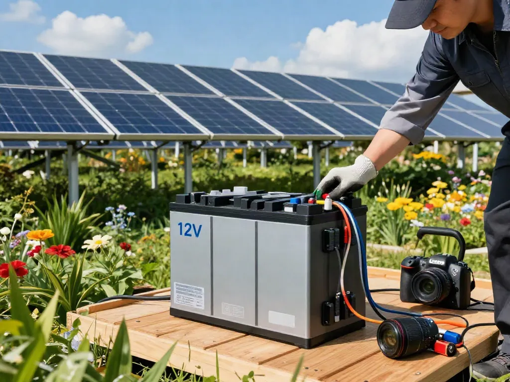Technician examining modern 12V batteries in an outdoor solar setup.