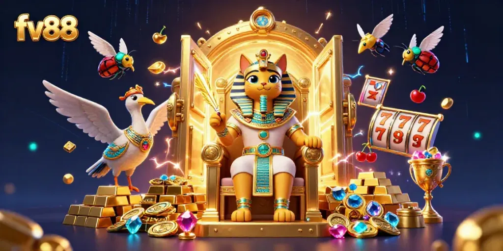Experience thrilling gameplay at fv88 with a vibrant 3D illustration featuring a golden throne, jewels, and slot symbols.