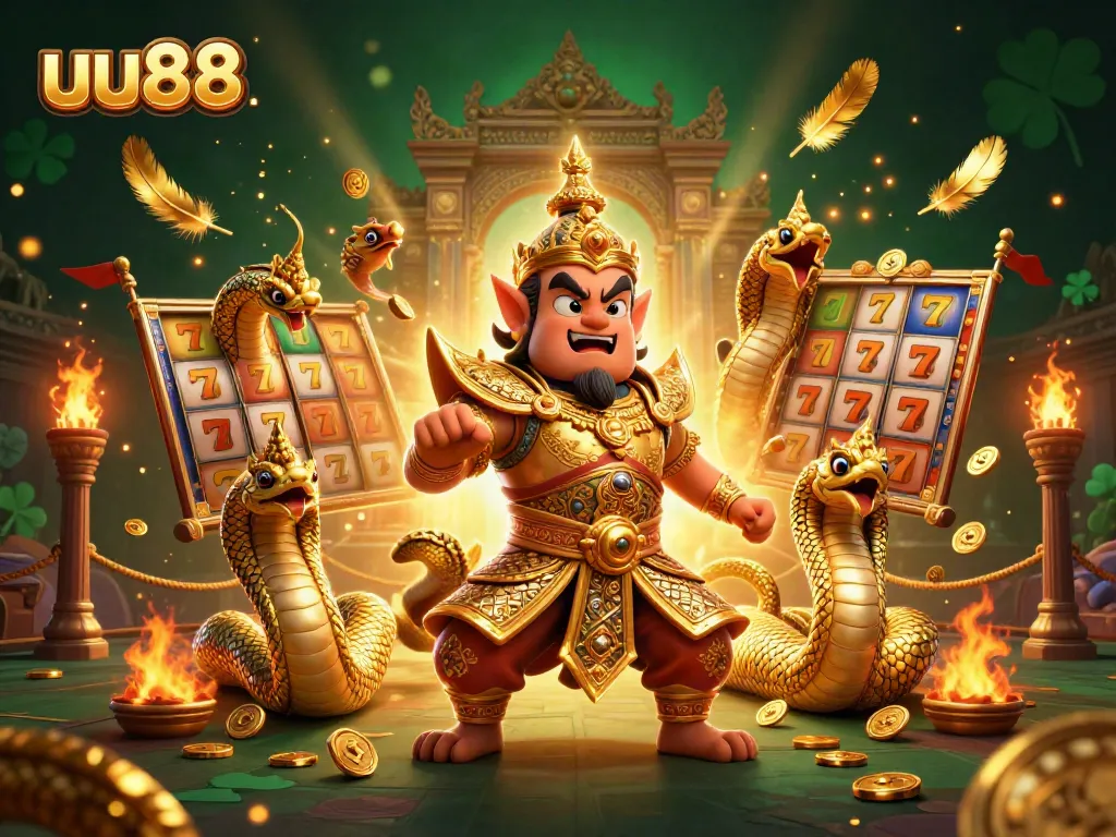 Engage in thrilling action at uu88 with a captivating scene of a Thai guardian and slot features.
