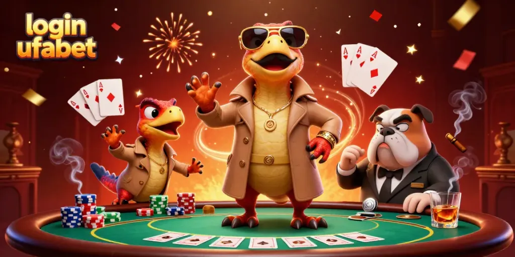 Experience an exciting scene with raptors entering a VIP lounge, showcasing login ufabet with vibrant casino elements.
