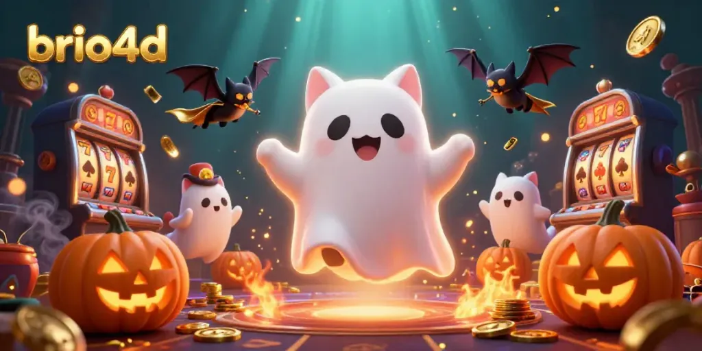 Spinning the reels and exploring brio4d's haunted casino with playful characters and spooky excitement.