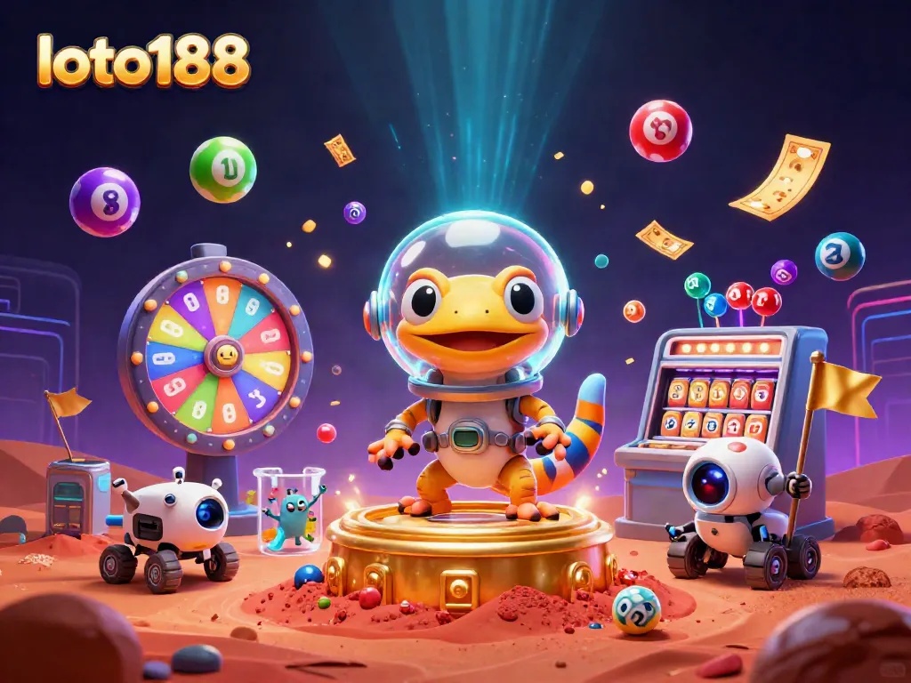 Engage with loto188's Martian gecko discovering a vibrant golden casino surrounded by dynamic lottery elements.