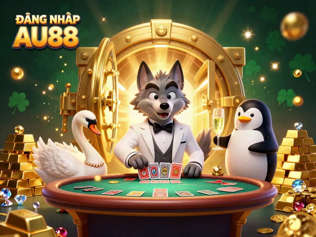 Engage with ĐĂNG NHẬP AU88 through an interactive scene featuring a wolf, swan, and penguin in a luxurious casino setup.