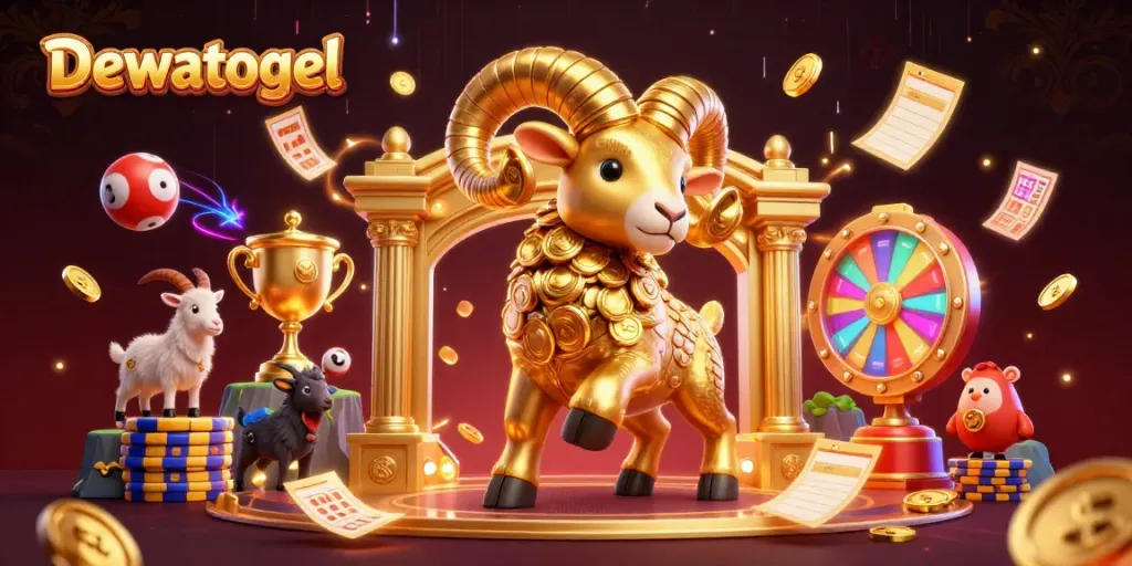 Dewatogel brings excitement to lottery with an animated golden ram charging towards a prize wheel filled with vibrant colors and energy.