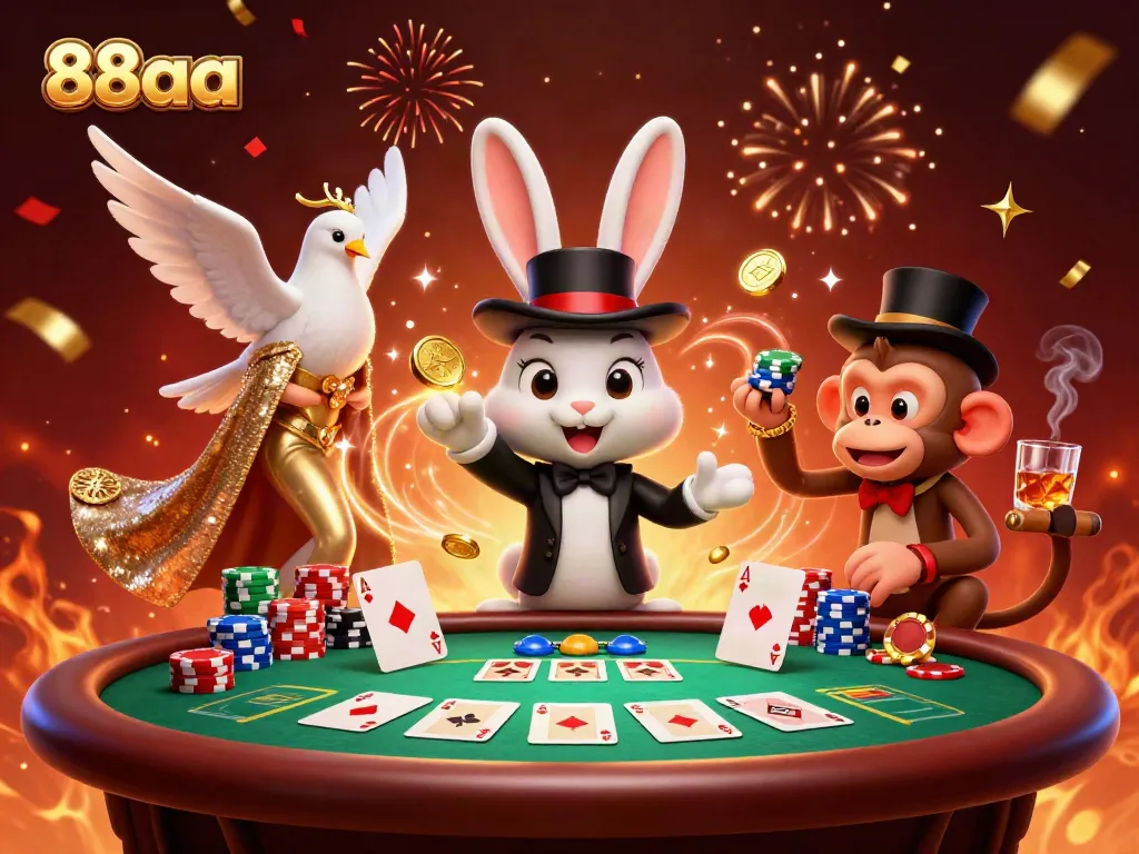 Experience the magic of 88aa with golden coins and poker excitement in this vibrant casino illustration.