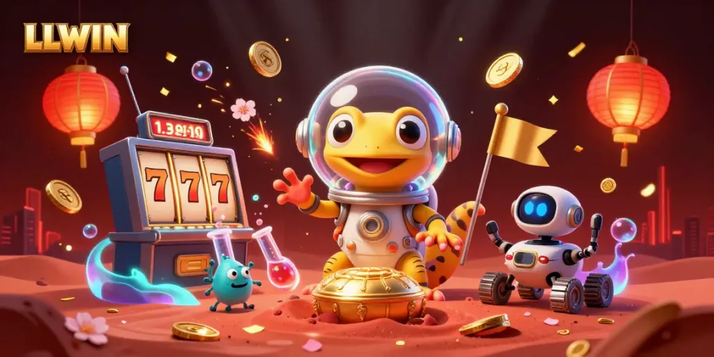 Experience LLWIN's vibrant casino adventure with a Martian gecko and a robot rover surrounded by colorful gaming elements.