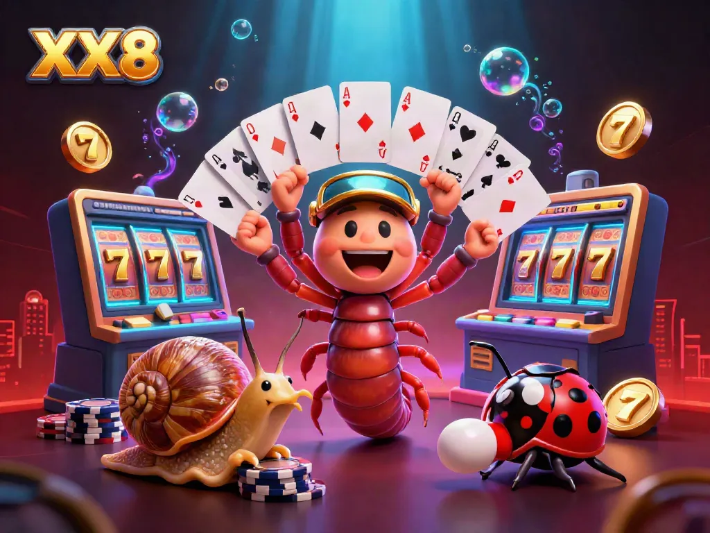 Experience thrilling gaming action with XX8's vibrant 3D cartoon gaming scene featuring unique characters and dynamic slot reels.
