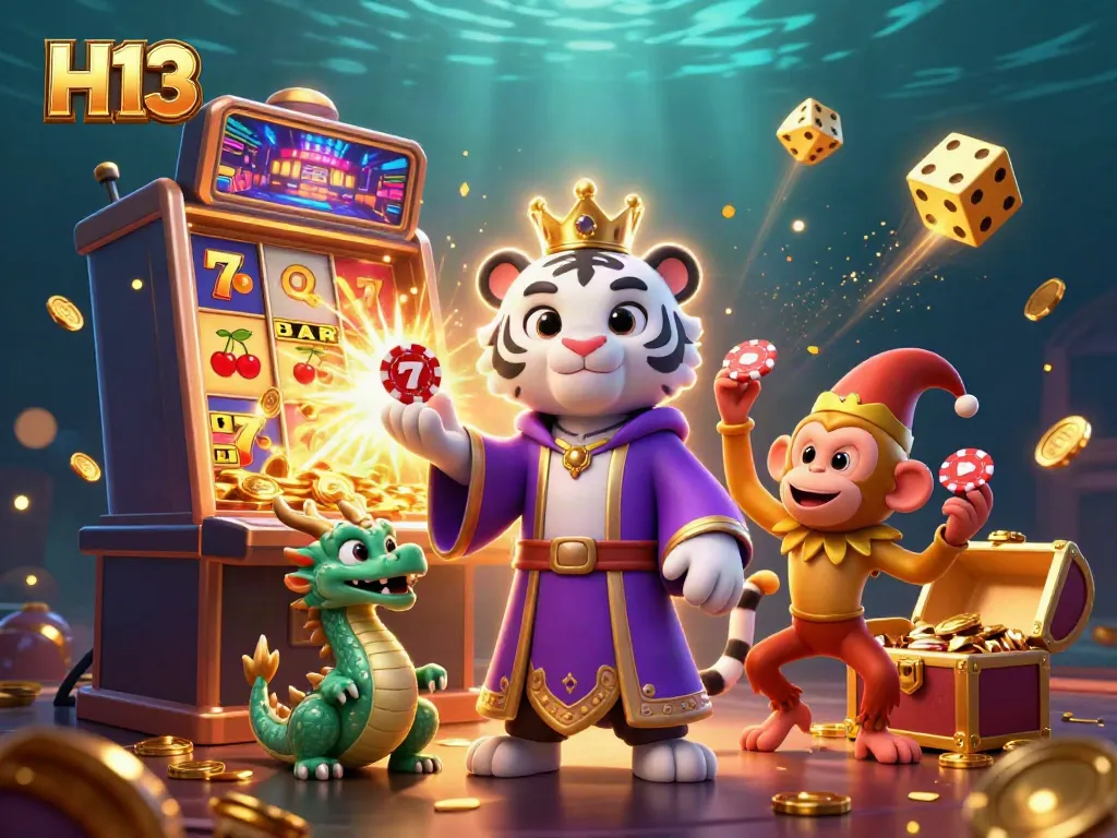 Experience the excitement at H13 with an energetic casino scene featuring a white tiger, golden monkey, and jade dragon immersed in jackpot action.