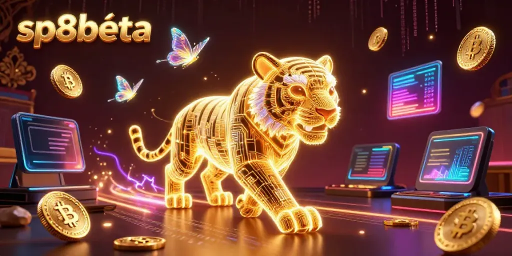 Experience the captivating sp8beta casino atmosphere with immersive neon visuals and digital currency elements.