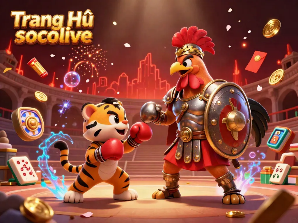 Experience vibrant gameplay at Trang Chủ socolive with rooster and cub in gambling-themed colosseum.
