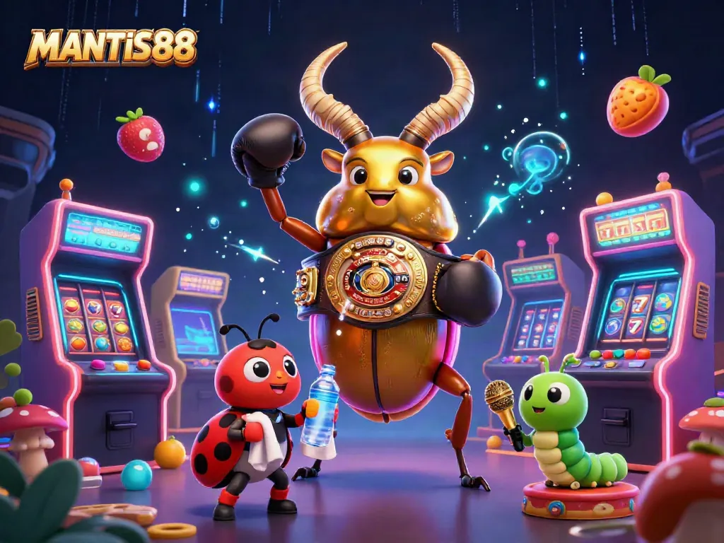MANTIS88 gaming scene with a golden stag beetle, slot machines, and energetic casino elements.
