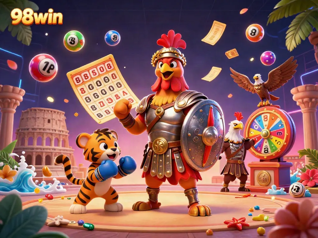 Engage with thrilling moments at 98win, vibrant lottery elements surrounding characters in a dynamic gambling scene.