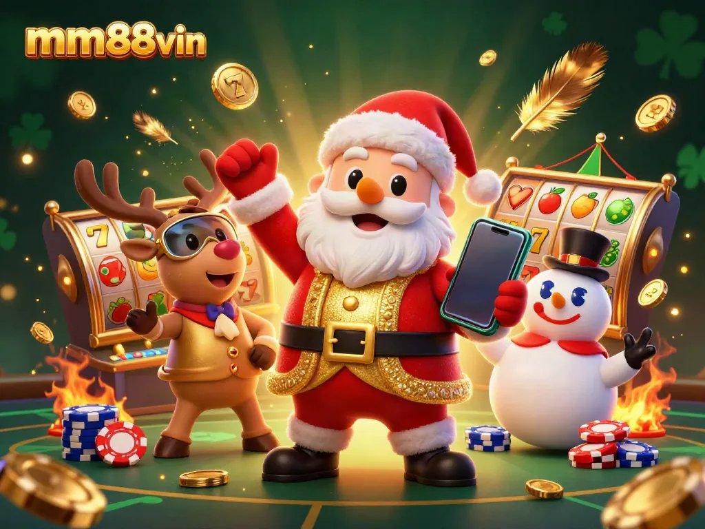 Experience thrilling wins with mm88vin in a vibrant casino scene featuring festive characters and slot games.